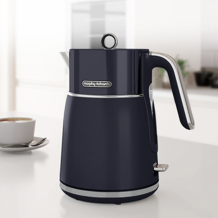 navy morphy richards kettle in kitchen setting