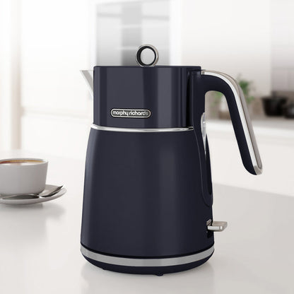 navy morphy richards kettle in kitchen setting