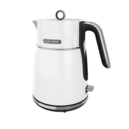 A white electric kettle with a black handle and spout cap, featuring a 360-degree base and blue light accents.