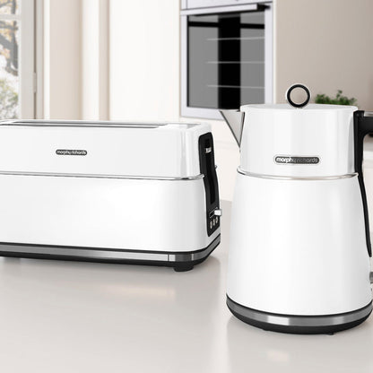 white kettle and toaster set in a kitchen