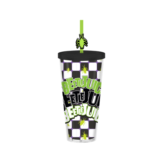 Silver Buffalo Beetlejuice Roach 24z Plastic Cold Cup w/ Lid & Topper Straw