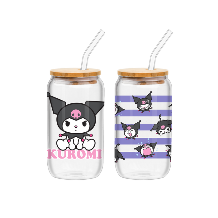 Silver Buffalo Sanrio Kuromi Sitting on Logo 2pk 16oz Glass Tumbler w/Bamboo Lid
