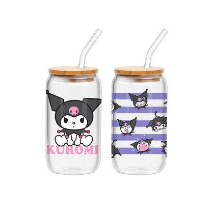 Silver Buffalo Sanrio Kuromi Sitting on Logo 2pk 16oz Glass Tumbler w/Bamboo Lid