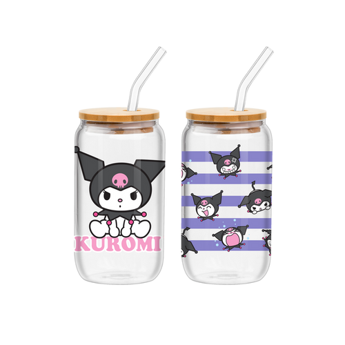 Silver Buffalo Sanrio Kuromi Sitting on Logo 2pk 16oz Glass Tumbler w/Bamboo Lid
