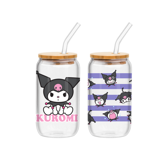 Silver Buffalo Sanrio Kuromi Sitting on Logo 2pk 16oz Glass Tumbler w/Bamboo Lid