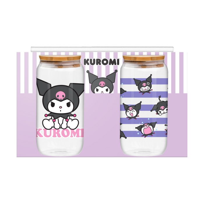 Silver Buffalo Sanrio Kuromi Sitting on Logo 2pk 16oz Glass Tumbler w/Bamboo Lid