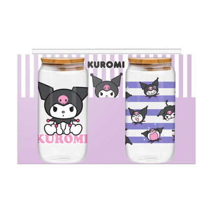 Silver Buffalo Sanrio Kuromi Sitting on Logo 2pk 16oz Glass Tumbler w/Bamboo Lid