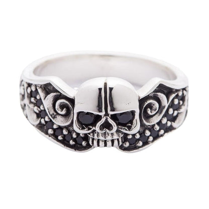 A unisex skull wedding ring, a perfect choice for gothic, biker, and alternative couples.