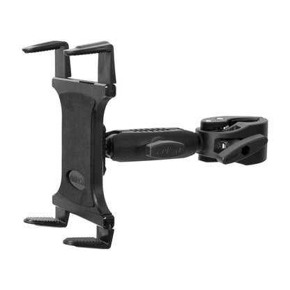 The Slim-Grip® Tablet Clamp Mount with 3.75” Arm is a heavy-duty black tablet holder featuring an adjustable clamp mount and extendable arm, designed for securely attaching to surfaces such as desks or poles.