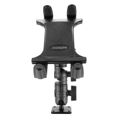 The ARKON Slim-Grip® Tablet Drill-Base Mount features an adjustable black clamp mechanism, a ratcheting swivel arm, and rotating joints for universal tablet compatibility. Designed for secure mounting on flat surfaces, the ARKON brand is displayed on the front.