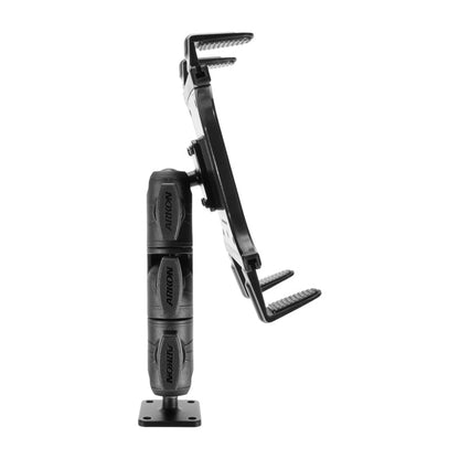 The Slim-Grip® Tablet Drill-Base Mount with Ratcheting Swivel Arm, shown in a side view against a white background, is a black adjustable tablet holder featuring universal tablet compatibility, a sturdy base, and grippy arms.
