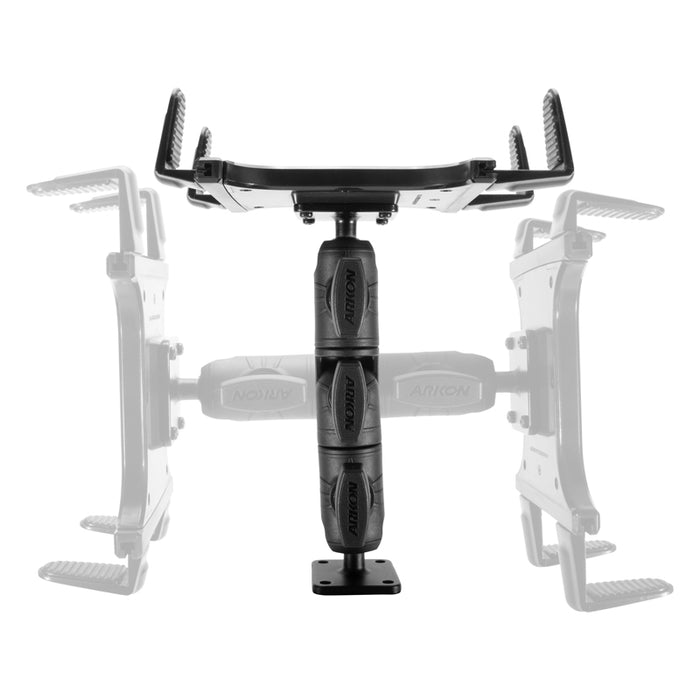 Center view of the Slim-Grip® Tablet Drill-Base Mount with visible hinges and mounting plate, featuring a ratcheting swivel arm for flexible positioning. Possible movement positions are shown in gray behind the main mount, highlighting universal tablet compatibility.