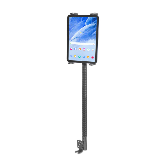 Tablet mounted on a stand with a white background