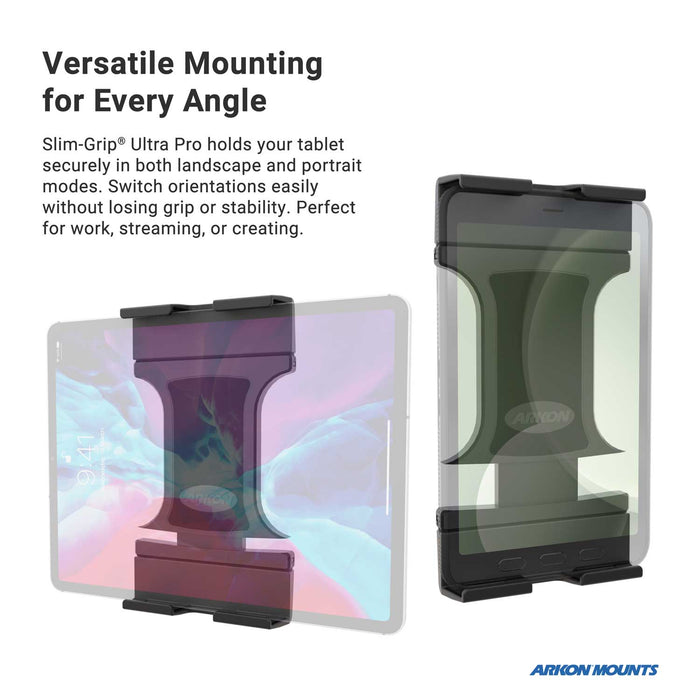 Two tablets are displayed—one in landscape and one in portrait orientation—securely held by the Tablet Cup Holder Mount with Slim-Grip® Ultra Pro Holder - 25mm. The universal holder allows for versatile mounting angles, making it ideal as both a cup holder mount and a dashboard accessory.