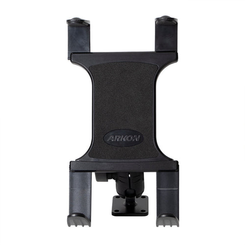 The Slim-Grip® Tablet Holder with Double Socket Swivel Arm and Drill-Base Mount is pictured upright against a plain white background. Finished in black, it features adjustable arms to securely hold devices and includes a double socket swivel arm for versatile positioning.