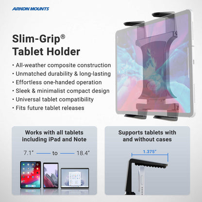 Image showing the Heavy-Duty Drill-Base Tablet Mount with 22 Arm, featuring all-weather construction, compact design, wide tablet compatibility (7.1 to 18.4), and an adjustable arm for use with or without cases.