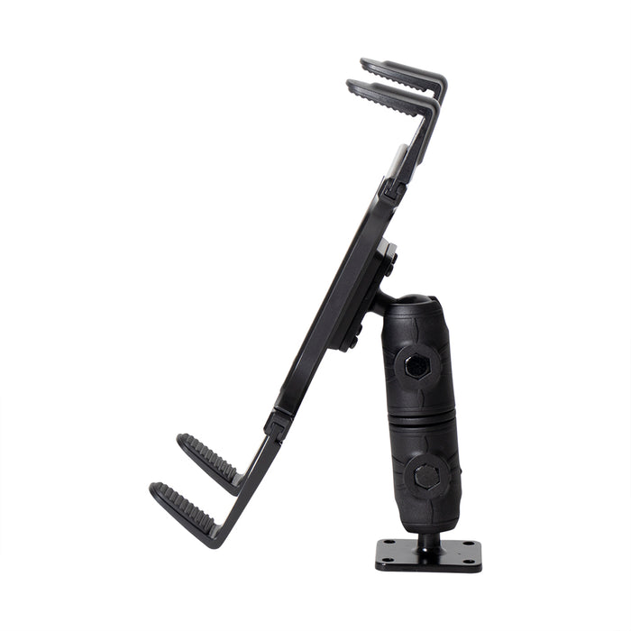 A side view displays the Slim-Grip® Tablet Holder with Double Socket Swivel Arm and Drill-Base Mount in black, featuring textured grips on the top and bottom arms for secure device holding. The double socket swivel arm provides flexible angle adjustments.