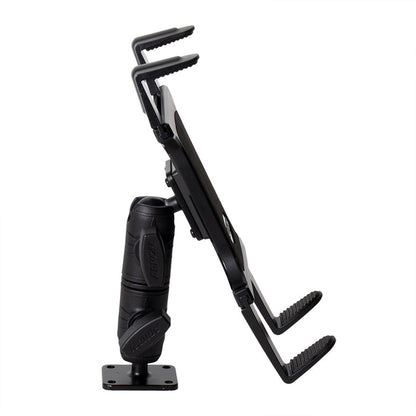 Here is the rewritten sentence using the provided product data: Side view of the Slim-Grip® Tablet Holder with Double Socket Swivel Arm and Drill-Base Mount in black, featuring an adjustable rugged grip handle and mounting base, designed to securely hold a device at an upright angle.