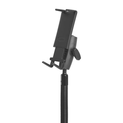 The Slim-Grip® Ultra Phone Holder with Seat Rail Mount and 18-Inch Bendable Gooseneck is a black, adjustable holder designed for hands-free use in commercial vehicles. It features a clamp mechanism and a knob for precise angle adjustment, making it an ideal seat rail mounting solution.