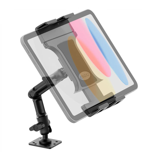 The Slim-Grip® Ultra Pro Tablet Holder with Multi-Angle Arm and Drill-Base Mount, featuring an adjustable black design, securely holds a tablet in landscape orientation. The mounted tablet displays a colorful abstract design on its screen with pink, blue, and yellow shapes.