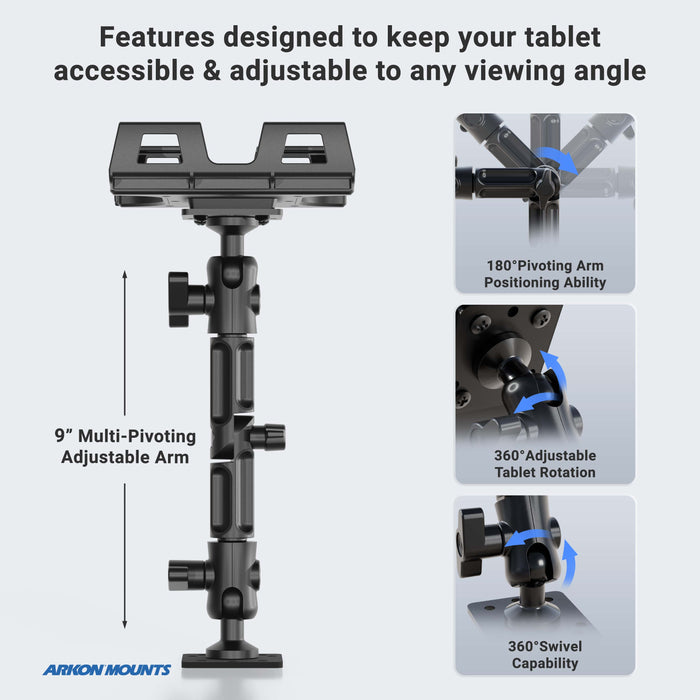 Tablet mount with adjustable arm and swivel capabilities on a white background