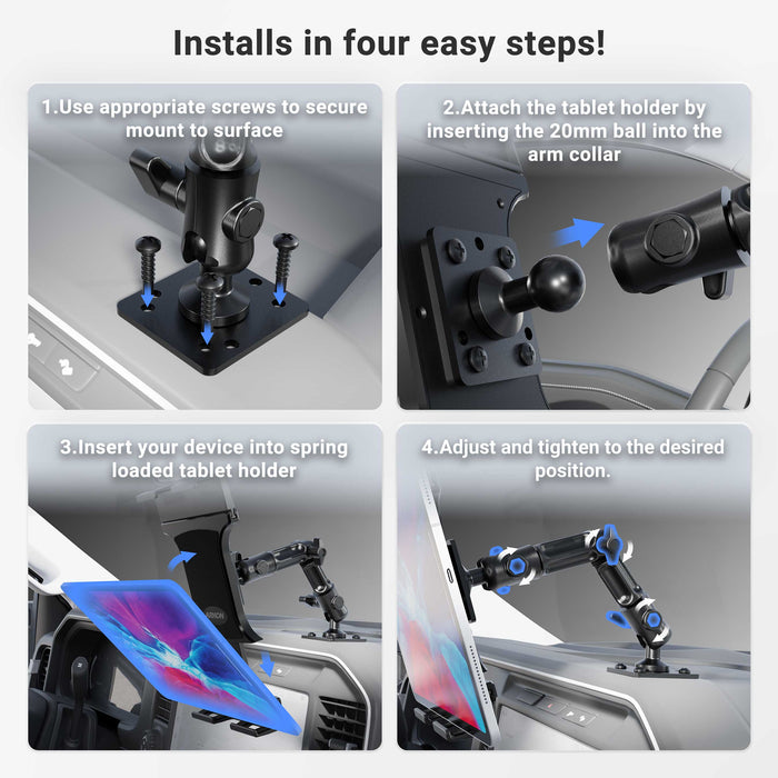 Four-step installation guide for the Slim-Grip® Ultra Pro Tablet Holder with Multi-Angle Arm and Drill-Base Mount: screw in the drill-base, attach the multi-angle arm and holder, insert your tablet, and adjust the holder’s position to your preference inside your vehicle.