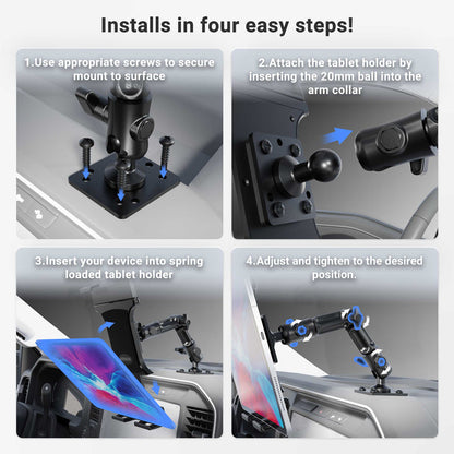 Four-step installation guide for the Slim-Grip® Ultra Pro Tablet Holder with Multi-Angle Arm and Drill-Base Mount: screw in the drill-base, attach the multi-angle arm and holder, insert your tablet, and adjust the holder’s position to your preference inside your vehicle.