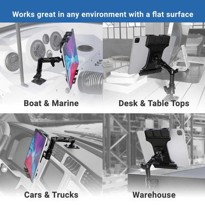 Four images feature the Slim-Grip® Ultra Pro Tablet Holder with Multi-Angle Arm and Drill-Base Mount being used on a boat, desk, car, and in a warehouse. Text reads: Works great in any environment with a flat surface.