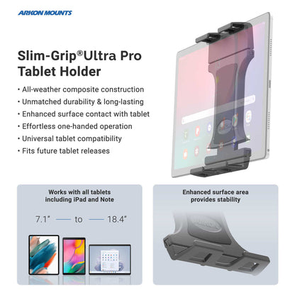 The Tablet Cup Holder Mount with Slim-Grip® Ultra Pro Holder - 25mm is a universal tablet holder designed to securely accommodate tablets from 7.1 to 18.4 inches, offering weather-resistant durability and broad compatibility for reliable use on the go. Adaptable as either a car tablet mount or cup holder mount, it ensures stable and secure contact with your device for added peace of mind wherever you travel.
