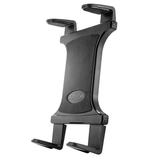 Slim-Grip® Universal Tablet Holder is a black plastic adjustable, spring-loaded tablet holder with rubberized grips designed to securely hold a tablet device. Featuring the ARKON brand name on the center of the backing, this universal holder is ideal for reliable tablet mounting in a variety of settings.