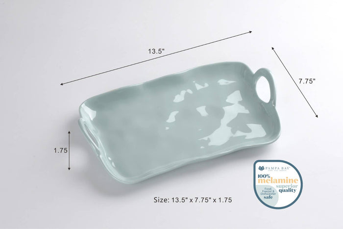 Light blue ceramic tray with handles and dimensions on a white background