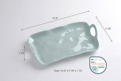 Light blue ceramic tray with handles and dimensions on a white background