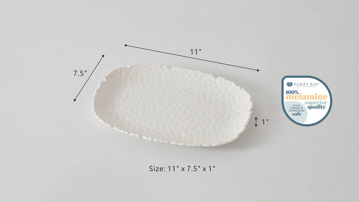 White ceramic platter with dimensions and a quality assurance label on a gray background