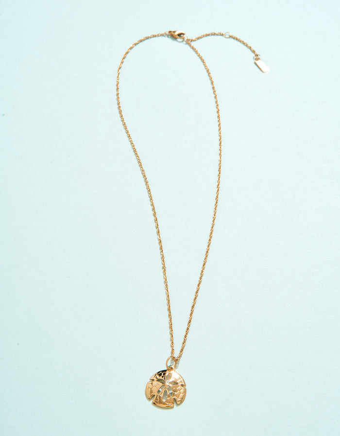 Gold necklace with a pendant on a light blue background