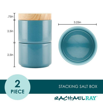 Blue ceramic Stacking Spice Box Set with a wooden lid, perfect for organizing your spices. Dimensions are labeled for convenience.
