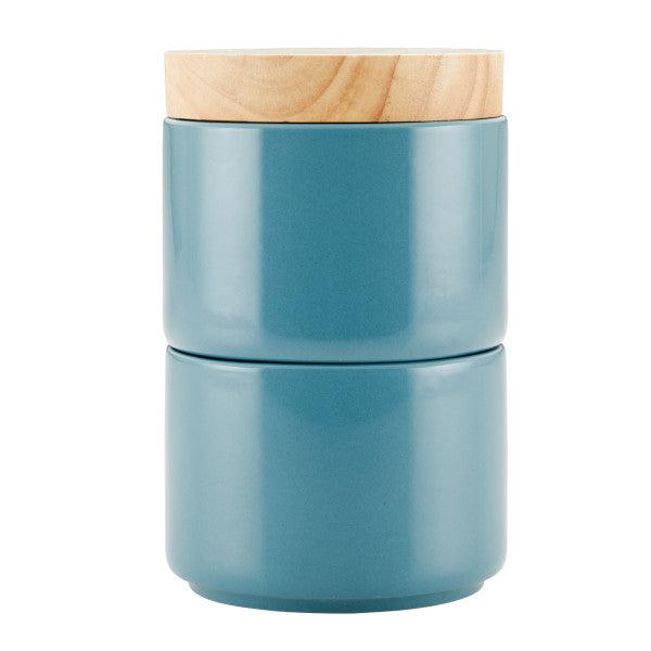 Stacking Spice Box Set, featuring a blue ceramic container with a wooden lid, ideal for organizing spices or stacking together.