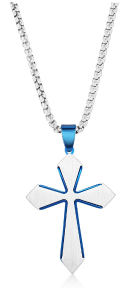 Stainless Steel Brushed Cross Necklace - Blue Plated 24 inches