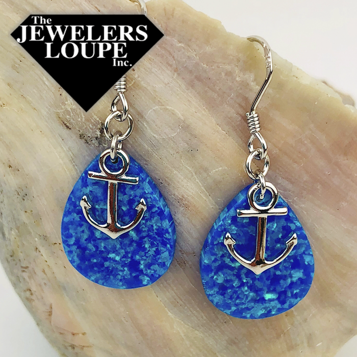 Sterling Silver Anchor with Created Opal Teardrop Earrings on Fishhooks.