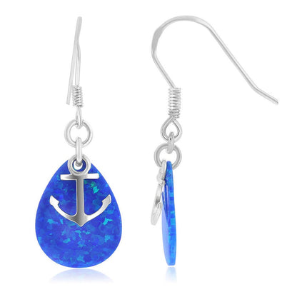 Sterling Silver Anchor and Created Opal Teardrop Earrings