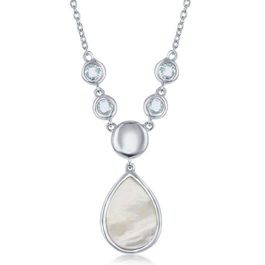 Sterling Silver Bezel Set Blue Topaz and Teardrop Mother of Pearl Necklace