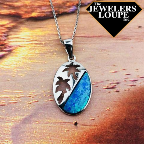 Sterling Silver Blue Inlay Created Opal with Palm Tree Cut Outs Oval Pendant