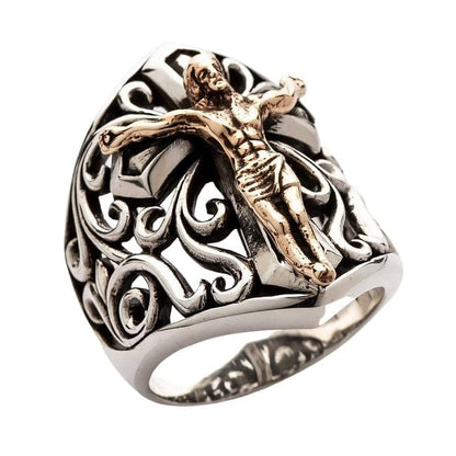 Front face detail of handmade 925 sterling silver crucifix ring with raised bronze Christ figure and openwork design