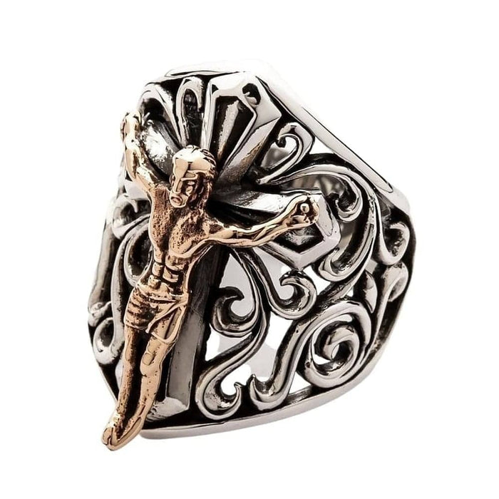 Side angle view of sterling silver crucifix ring showing bronze Jesus corpus and ornate filigree scrollwork detail