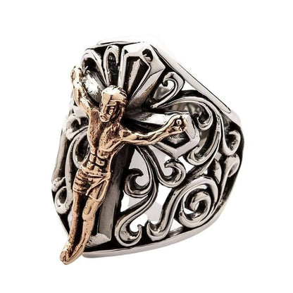 Side angle view of sterling silver crucifix ring showing bronze Jesus corpus and ornate filigree scrollwork detail