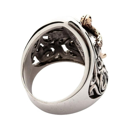Back and interior view of 925 sterling silver crucifix ring showing open filigree construction and band profile