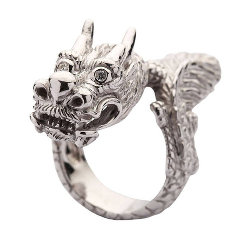 Handcrafted 925 sterling silver dragon ring side view showing detailed scales and sparkling CZ eyes