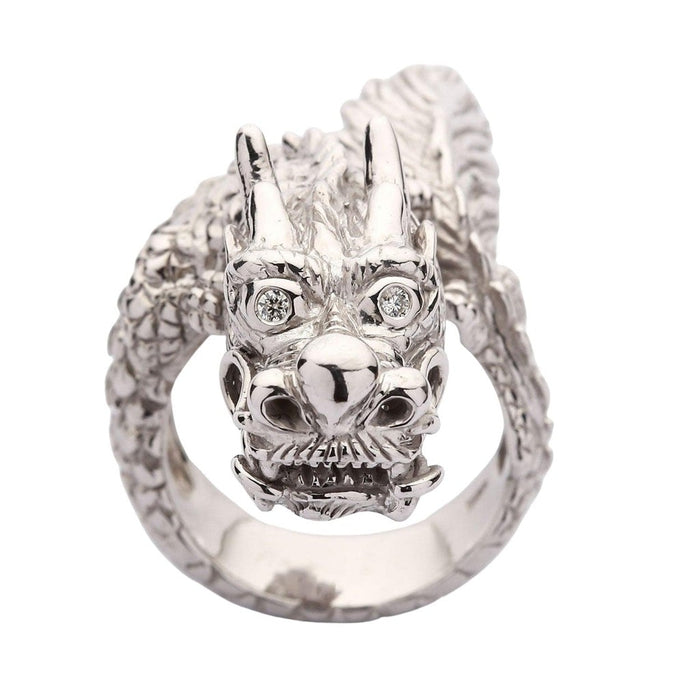 Close-up of dragon ring face with brilliant cubic zirconia eyes and detailed snout carving