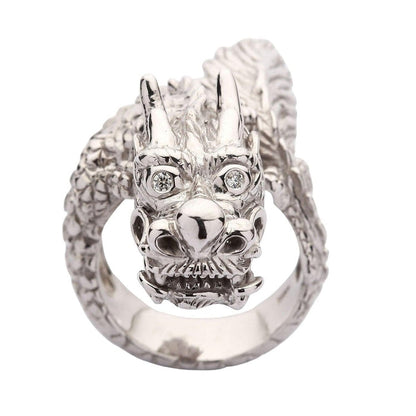 Close-up of dragon ring face with brilliant cubic zirconia eyes and detailed snout carving