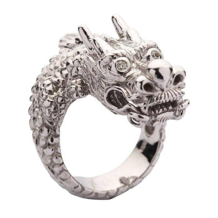 Three-quarter angle showing handcrafted scale texture on 925 sterling silver dragon ring