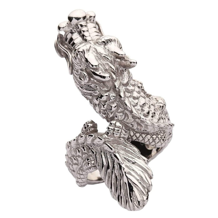 Detailed view of dragon ring feathered tail fins and scale pattern in polished sterling silver